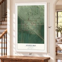 Anselmo, Nebraska map, 24 x 36 inch print in a white frame by a staircase
