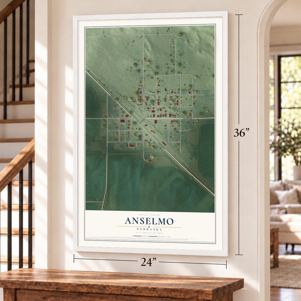 Anselmo, Nebraska map, 24 x 36 inch print in a white frame by a staircase