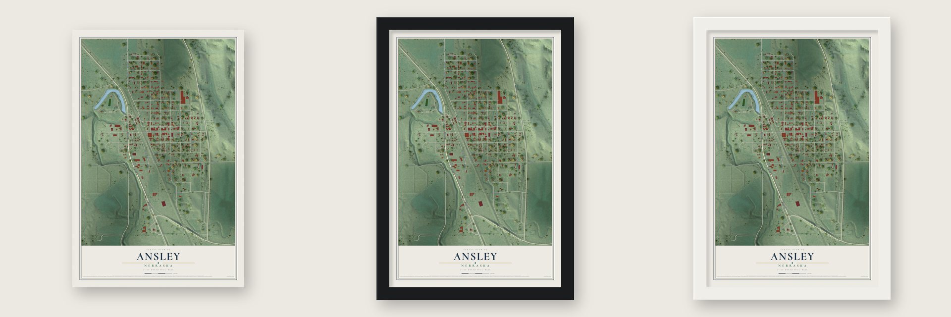 Ansley, Nebraska map unframed, in a black wood frame and in a white wood frame