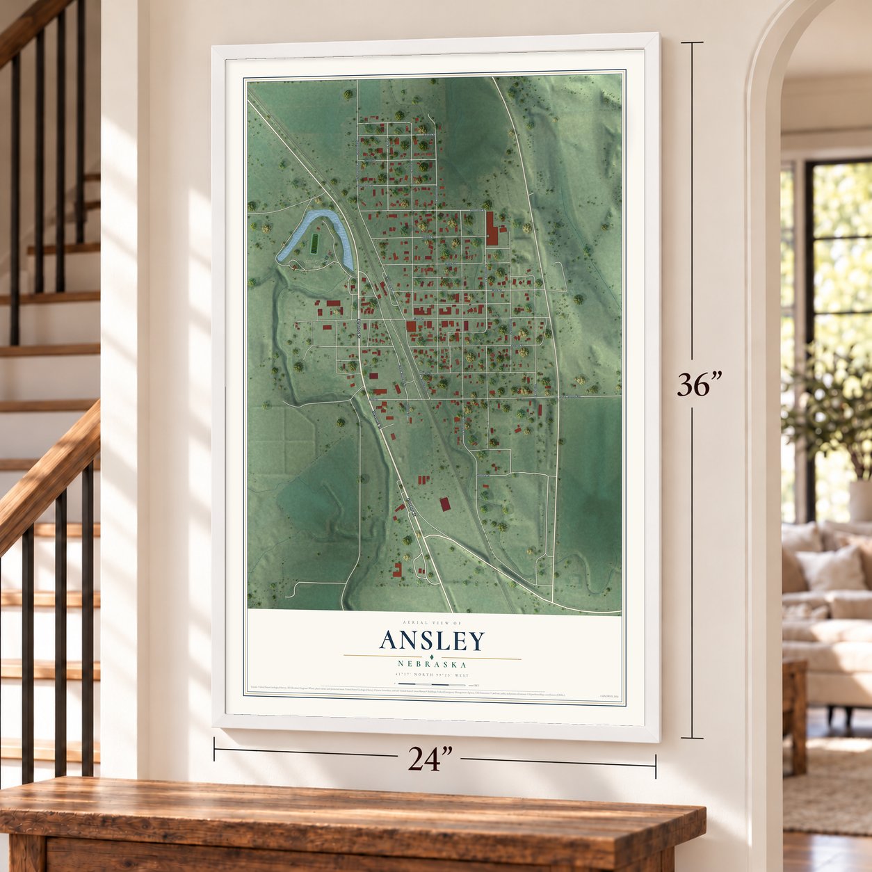 Ansley, Nebraska map, 24 x 36 inch print in a white frame by a staircase