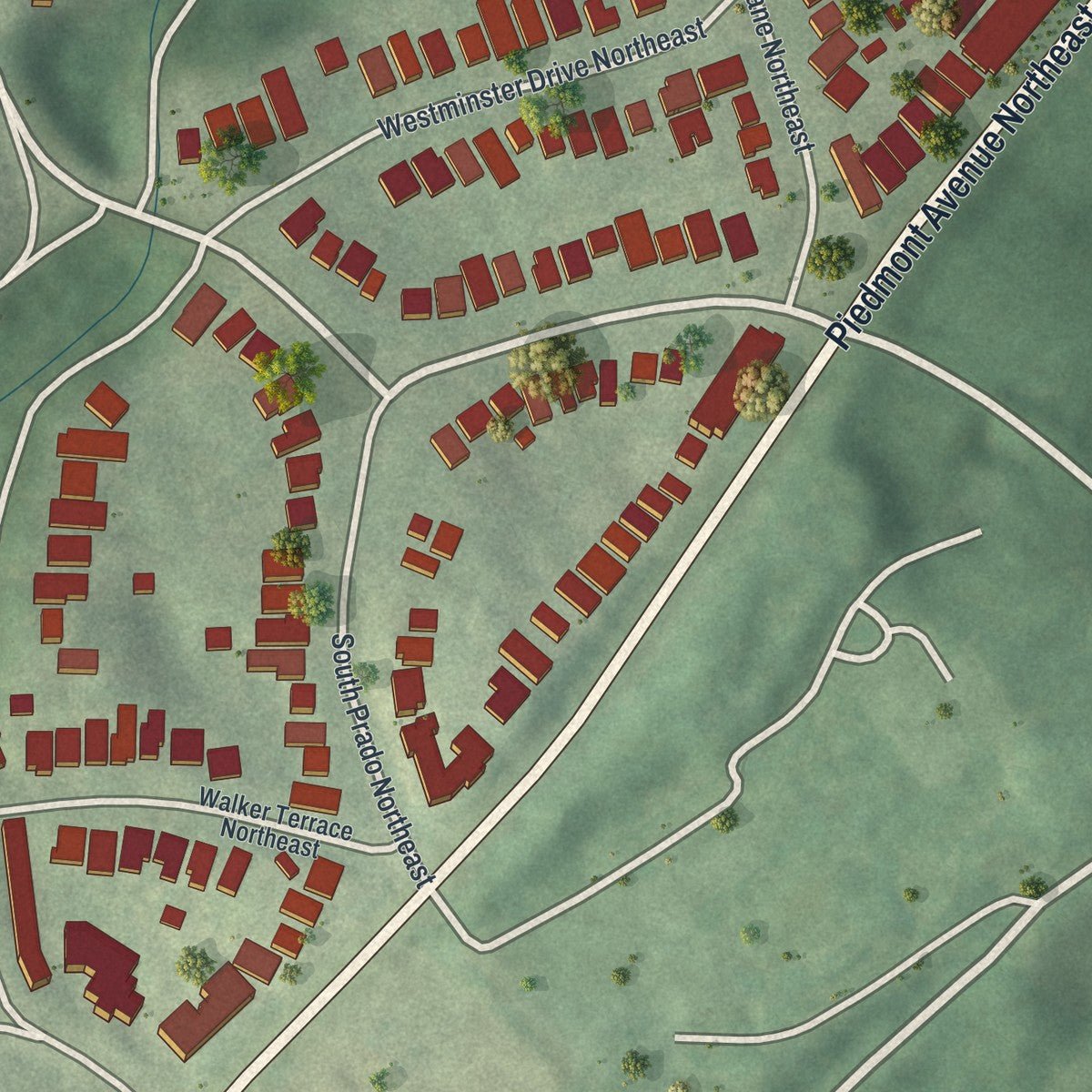 Second close-up of the map of Ansley Park, Georgia print showing more streets and buildings