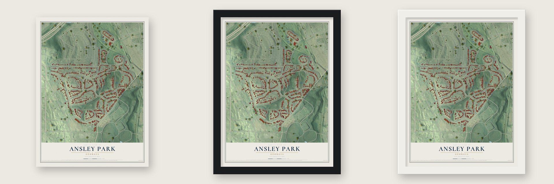 Ansley Park, Georgia map unframed, in a black wood frame and in a white wood frame