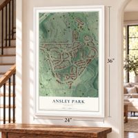 Ansley Park, Georgia map, 24 x 36 inch print in a white frame by a staircase