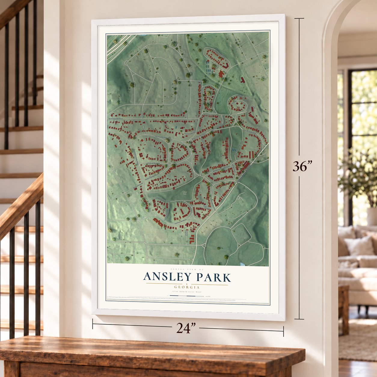 Ansley Park, Georgia map, 24 x 36 inch print in a white frame by a staircase