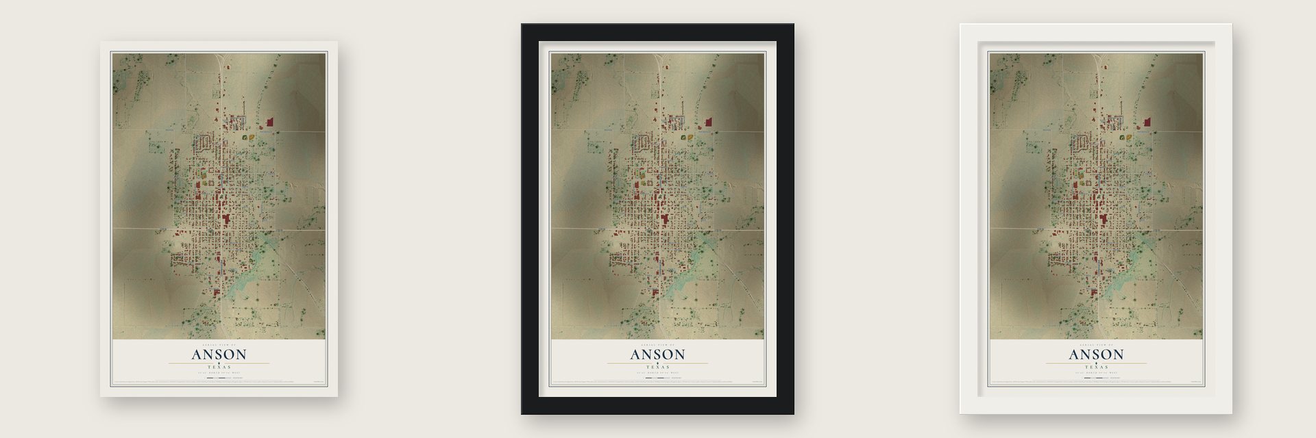 Anson, Texas map unframed, in a black wood frame and in a white wood frame