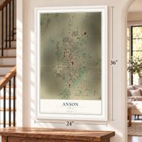 Anson, Texas map, 24 x 36 inch print in a white frame by a staircase