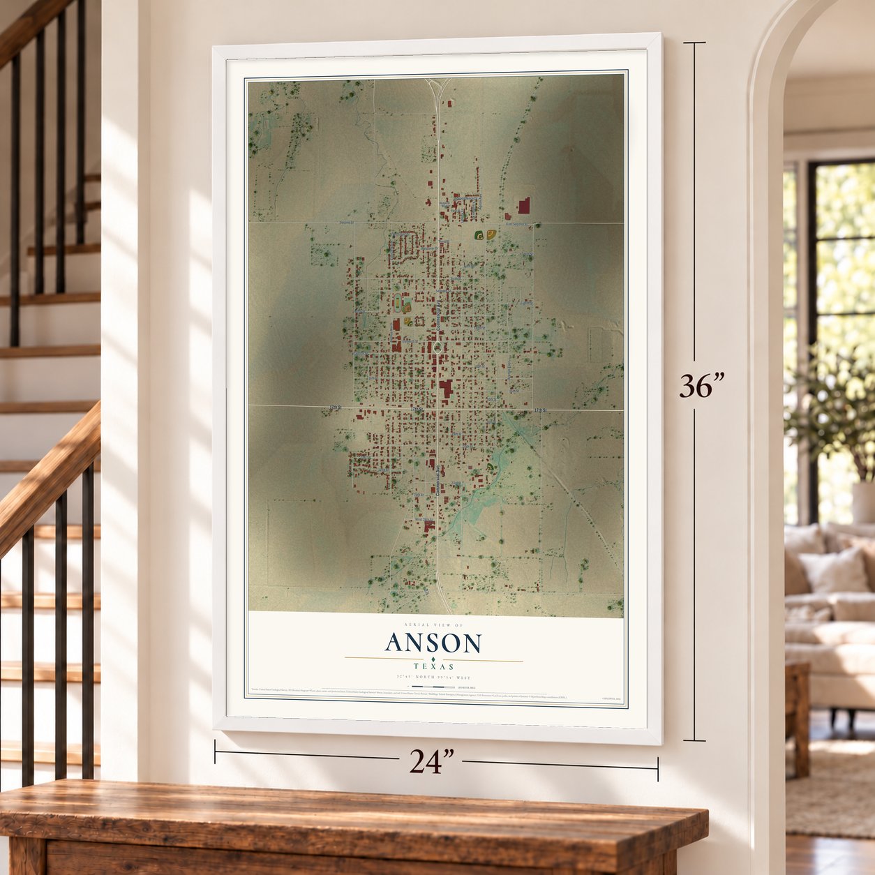 Anson, Texas map, 24 x 36 inch print in a white frame by a staircase