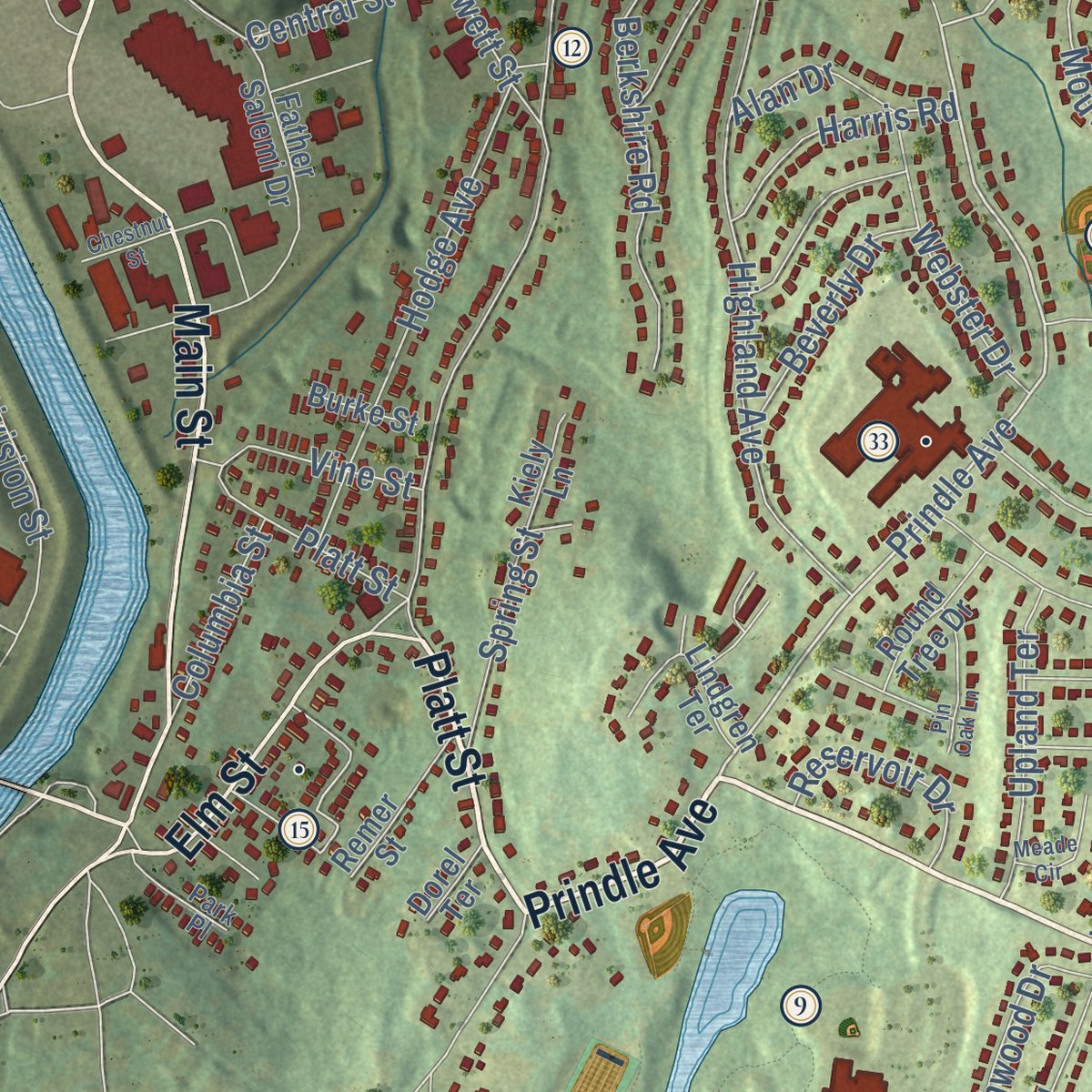 Second close-up of the map of Ansonia, Connecticut print showing more streets and buildings