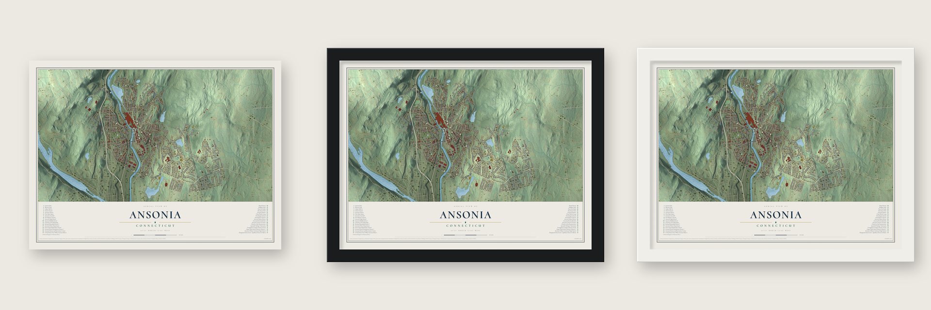 Ansonia, Connecticut map unframed, in a black wood frame and in a white wood frame