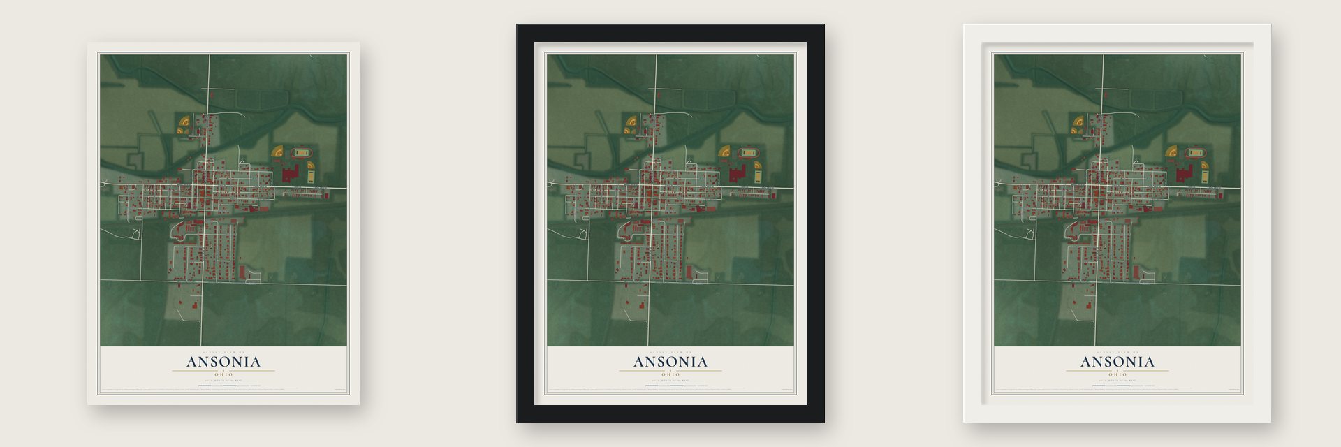 Ansonia, Ohio map unframed, in a black wood frame and in a white wood frame
