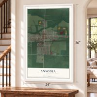 Ansonia, Ohio map, 24 x 36 inch print in a white frame by a staircase