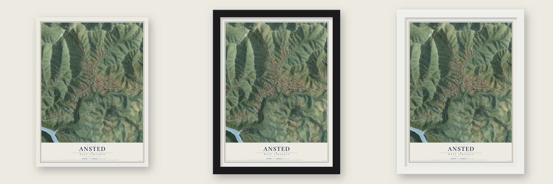 Ansted, West Virginia map unframed, in a black wood frame and in a white wood frame