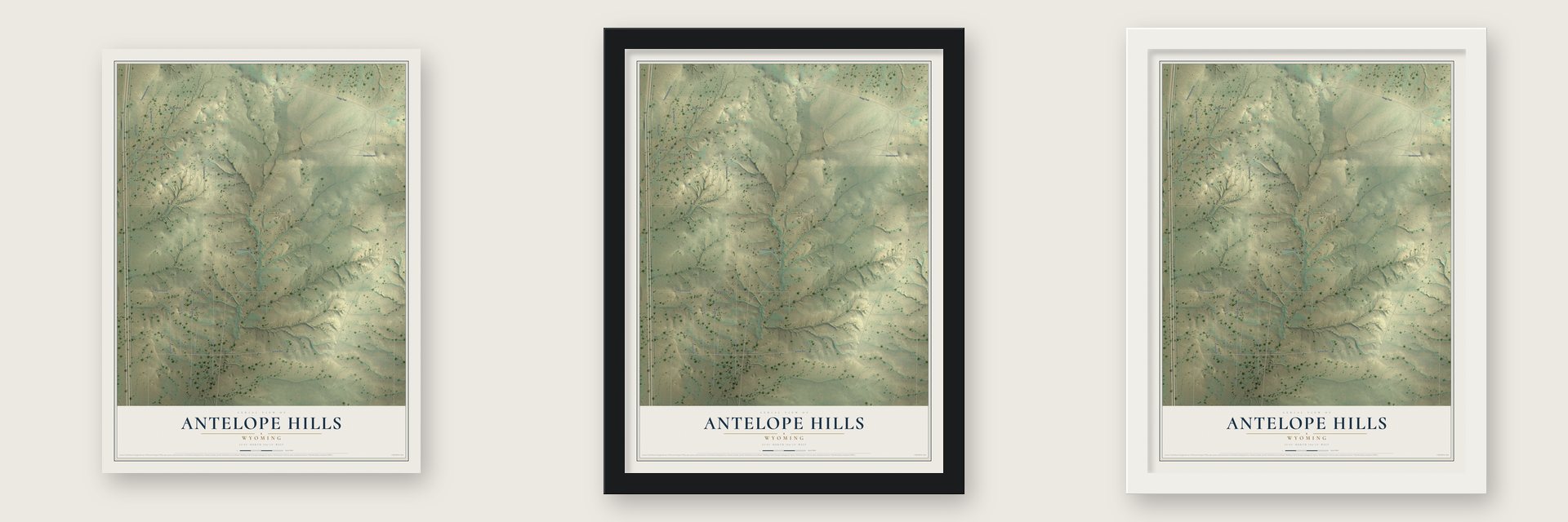 Antelope Hills, Wyoming map unframed, in a black wood frame and in a white wood frame