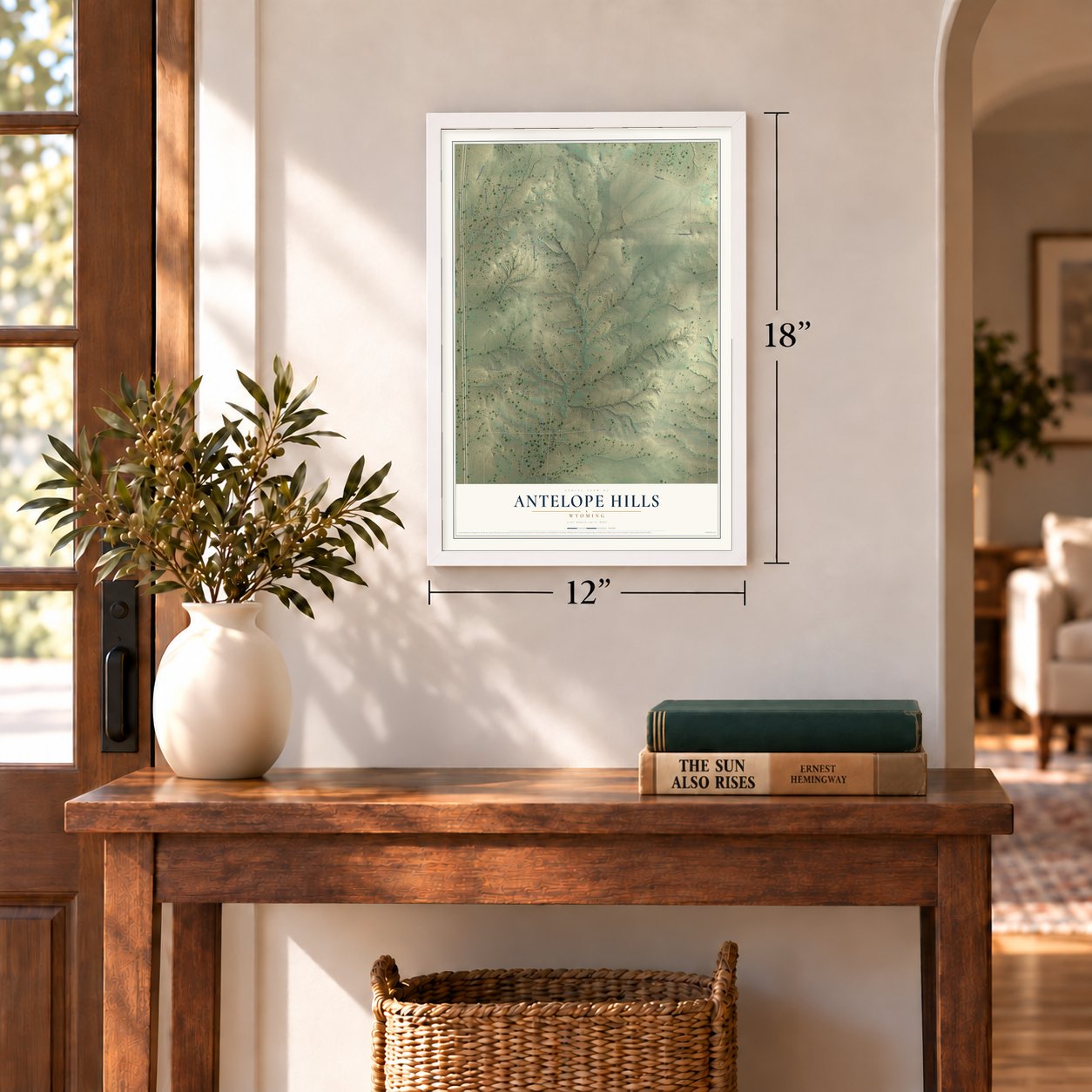 Antelope Hills, Wyoming map, 12 x 18 inch print in a white frame in an entryway