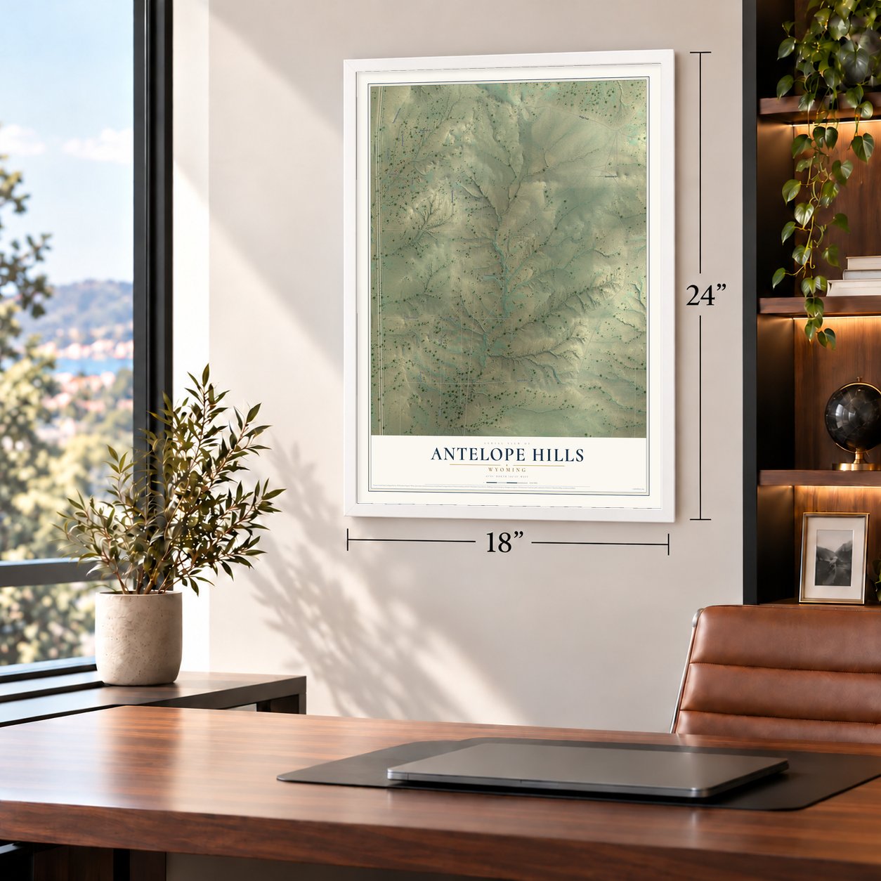 Antelope Hills, Wyoming map, 18 x 24 inch print in a white frame in a home office
