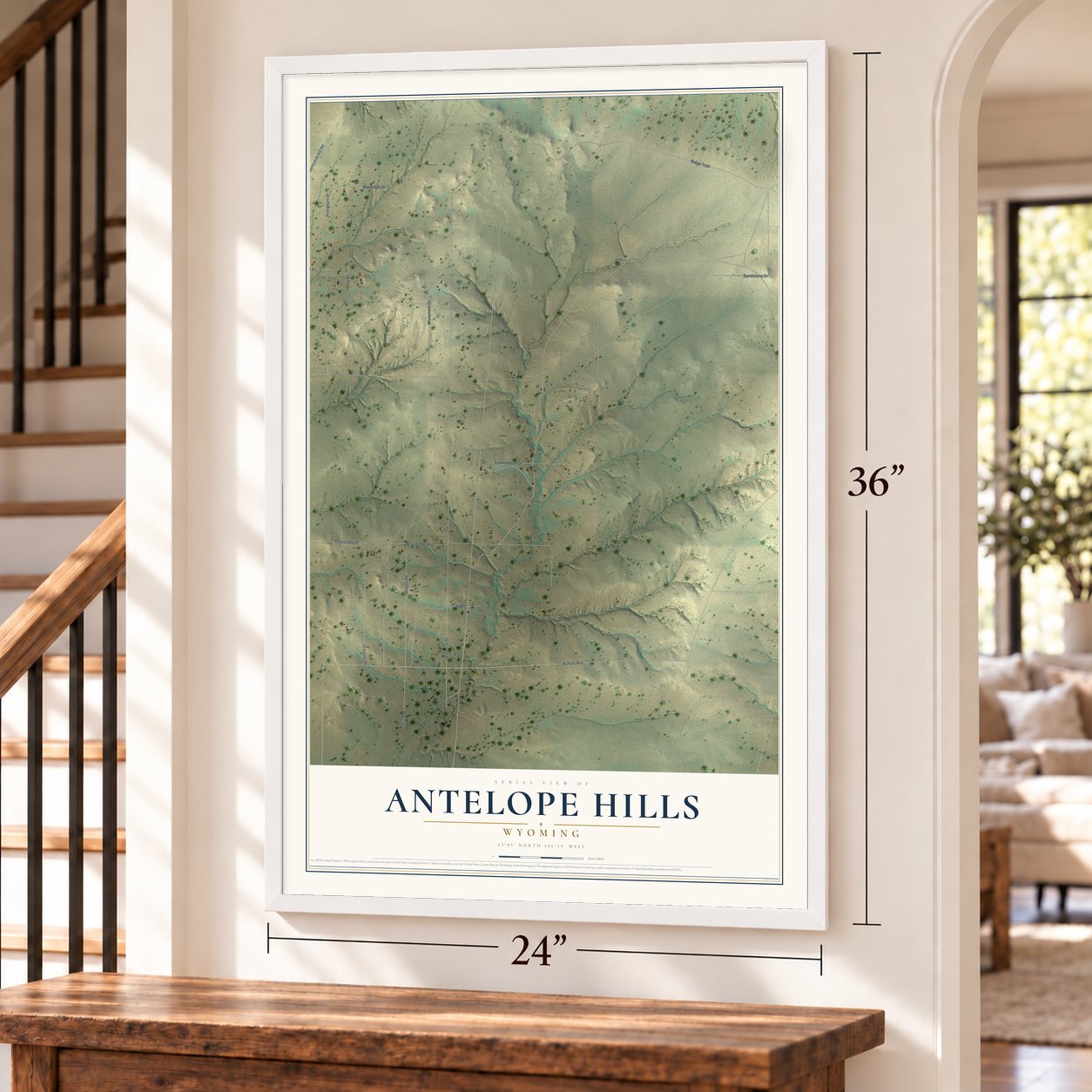 Antelope Hills, Wyoming map, 24 x 36 inch print in a white frame by a staircase