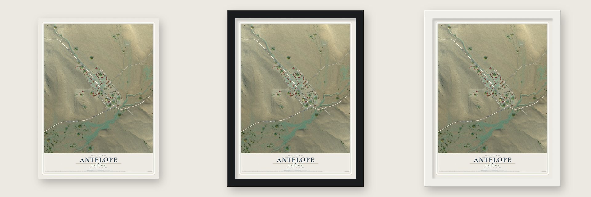 Antelope, Oregon map unframed, in a black wood frame and in a white wood frame