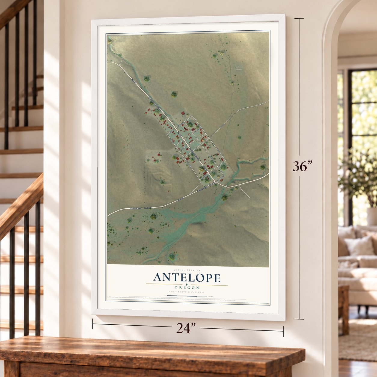 Antelope, Oregon map, 24 x 36 inch print in a white frame by a staircase