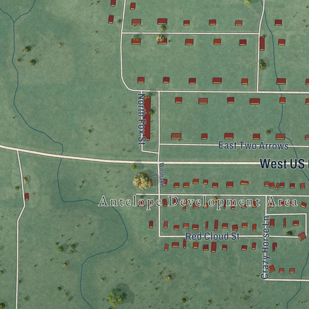 Second close-up of the map of Antelope, South Dakota print showing more streets and buildings