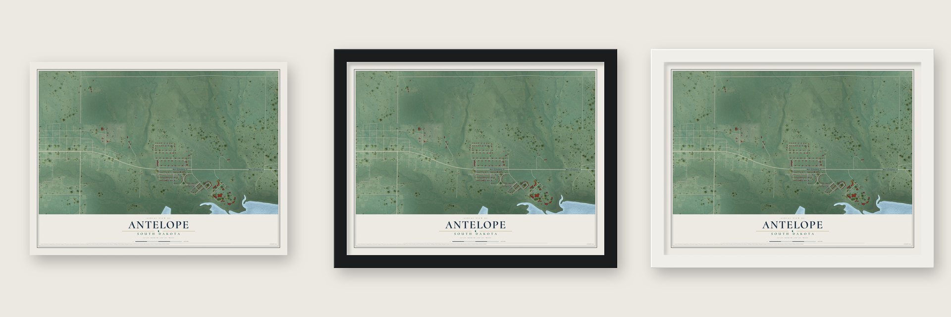 Antelope, South Dakota map unframed, in a black wood frame and in a white wood frame