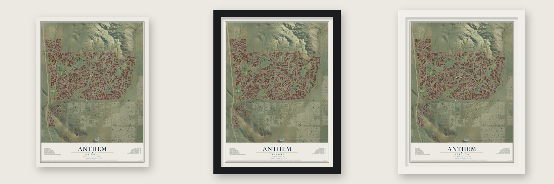 Anthem, Arizona map unframed, in a black wood frame and in a white wood frame
