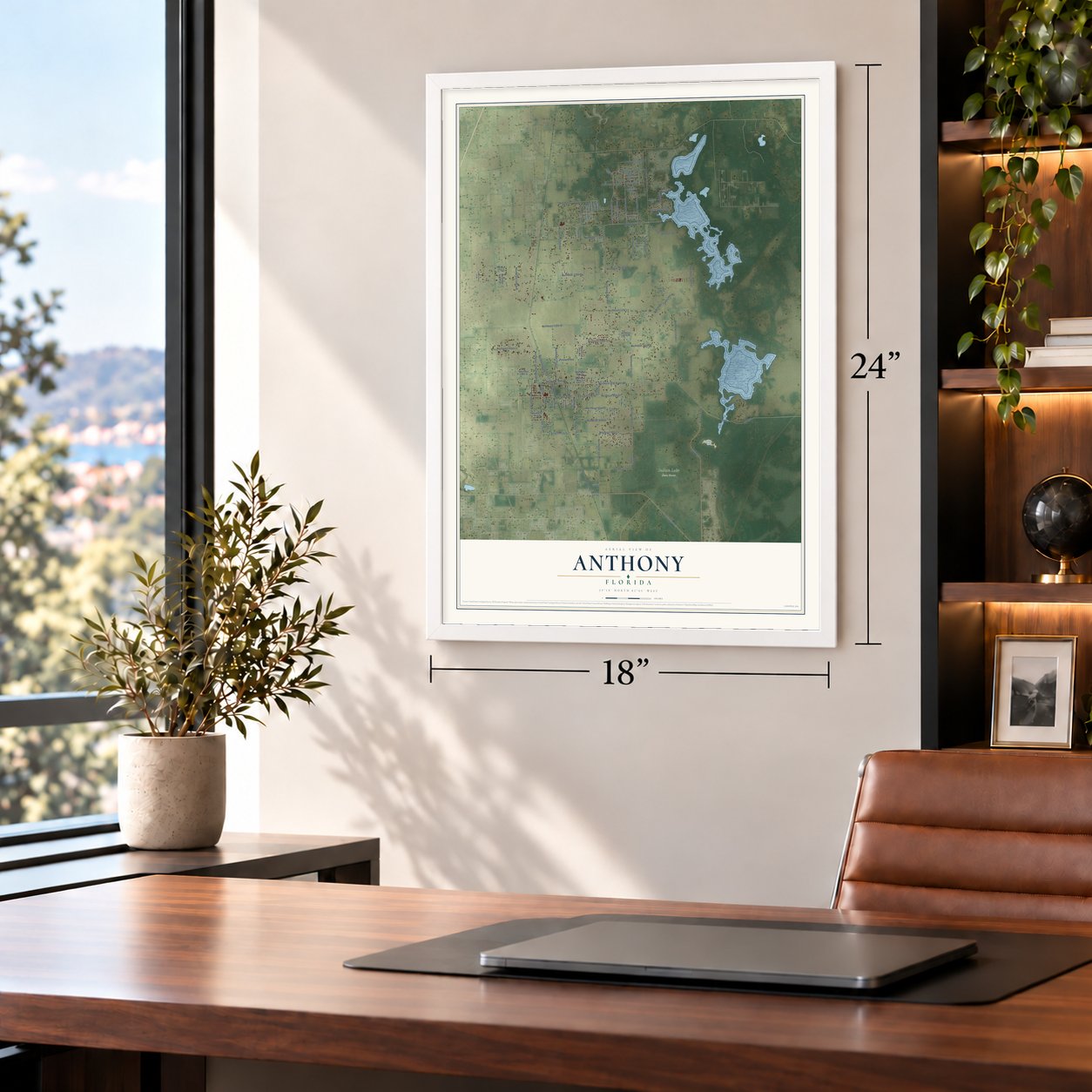 Anthony, Florida map, 18 x 24 inch print in a white frame in a home office