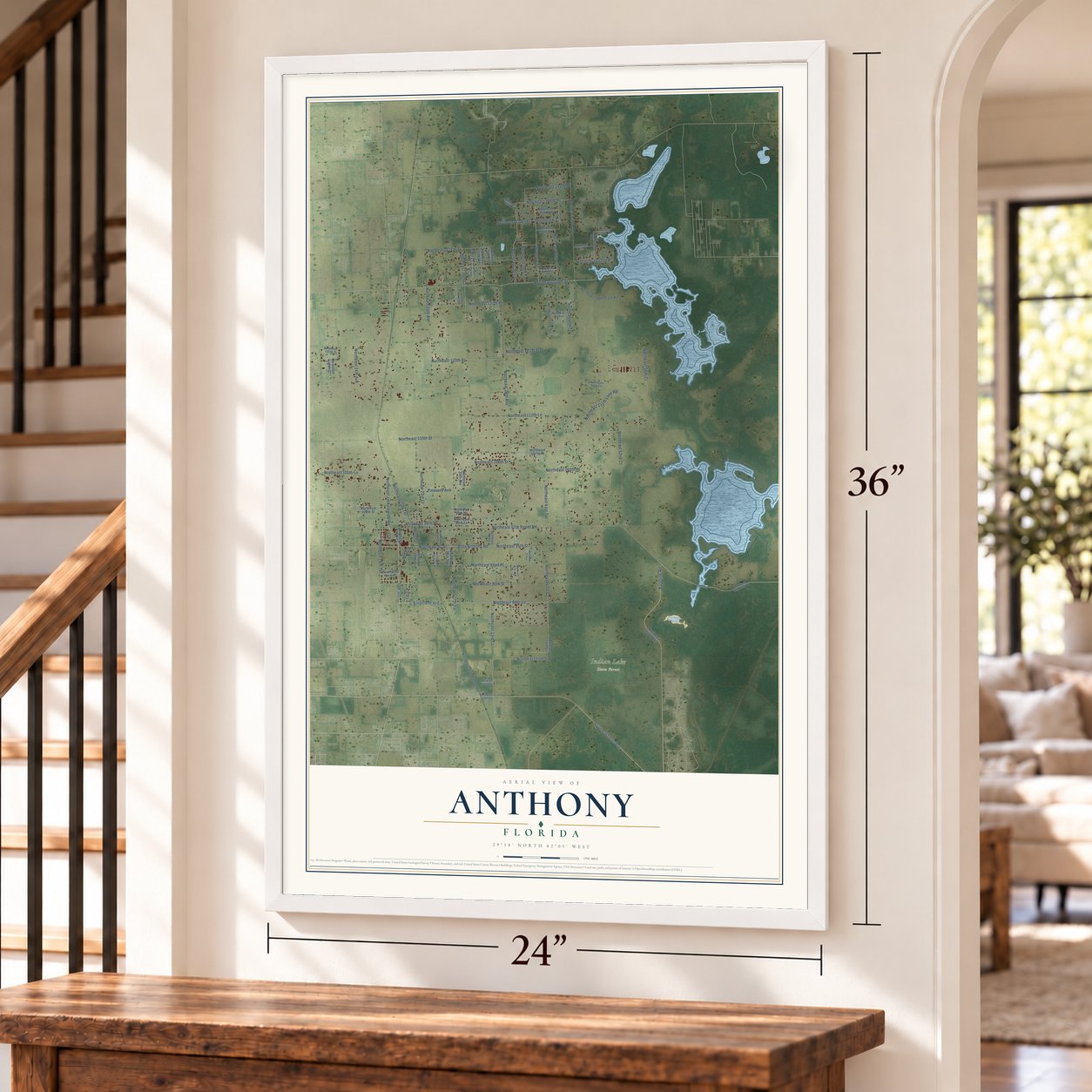 Anthony, Florida map, 24 x 36 inch print in a white frame by a staircase
