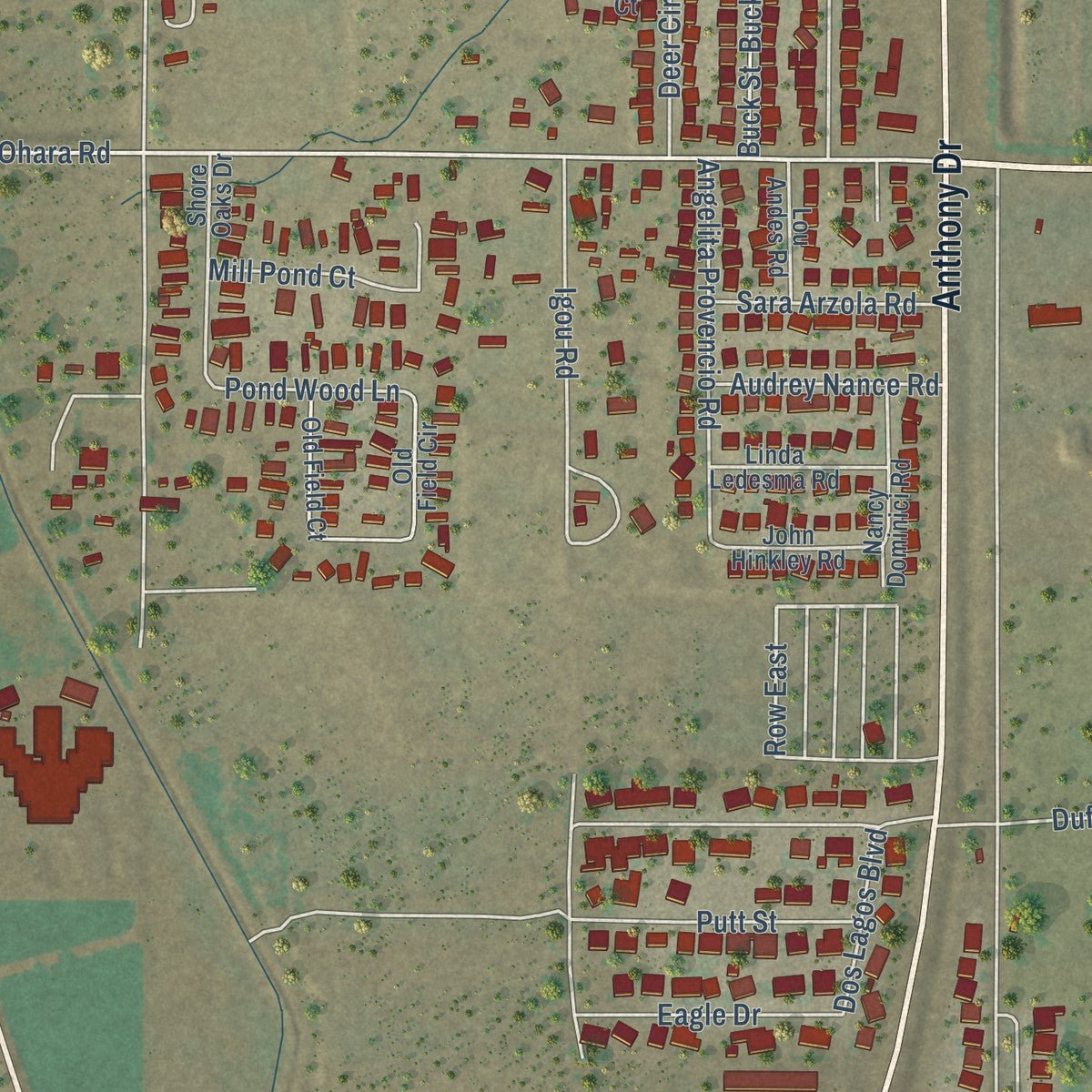Second close-up of the map of Anthony, New Mexico print showing more streets and buildings