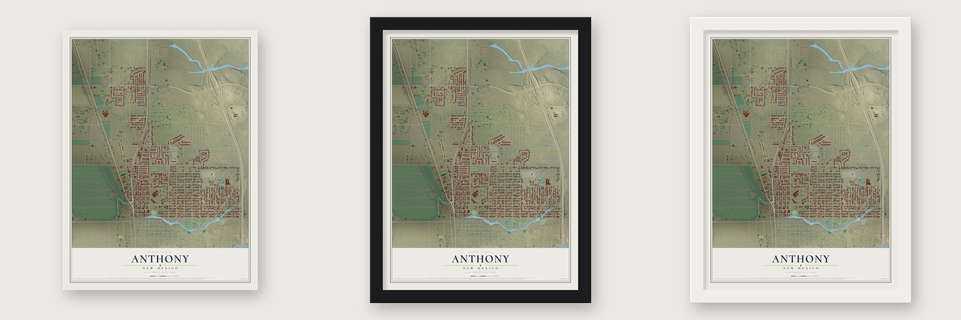Anthony, New Mexico map unframed, in a black wood frame and in a white wood frame