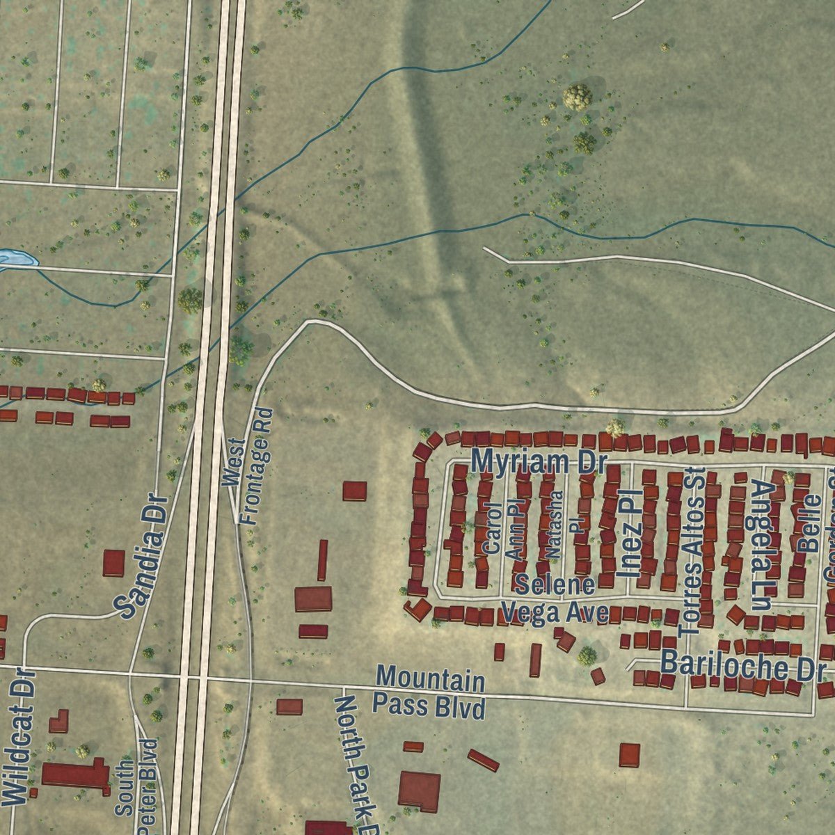 Second close-up of the map of Anthony, Texas print showing more streets and buildings