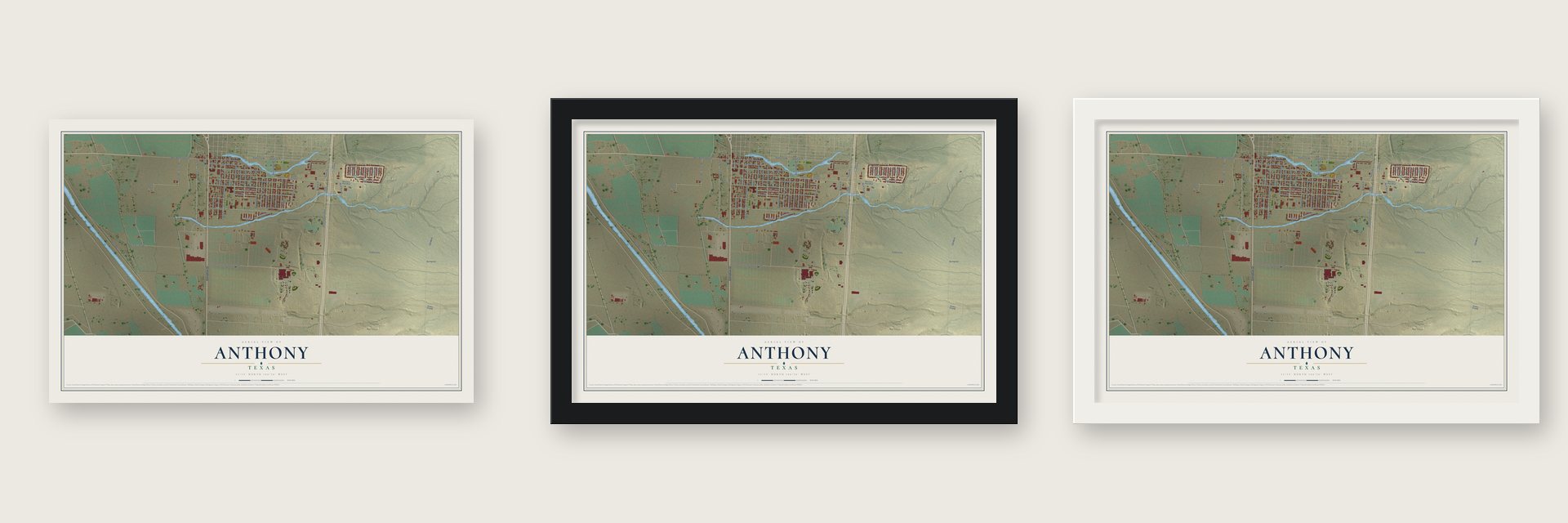 Anthony, Texas map unframed, in a black wood frame and in a white wood frame