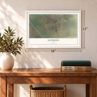 Anthony, Texas map, 12 x 18 inch print in a white frame in an entryway