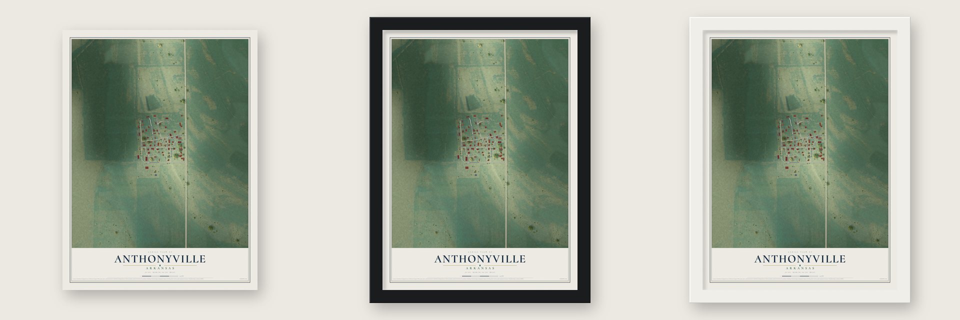 Anthonyville, Arkansas map unframed, in a black wood frame and in a white wood frame