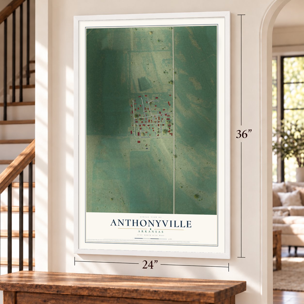 Anthonyville, Arkansas map, 24 x 36 inch print in a white frame by a staircase