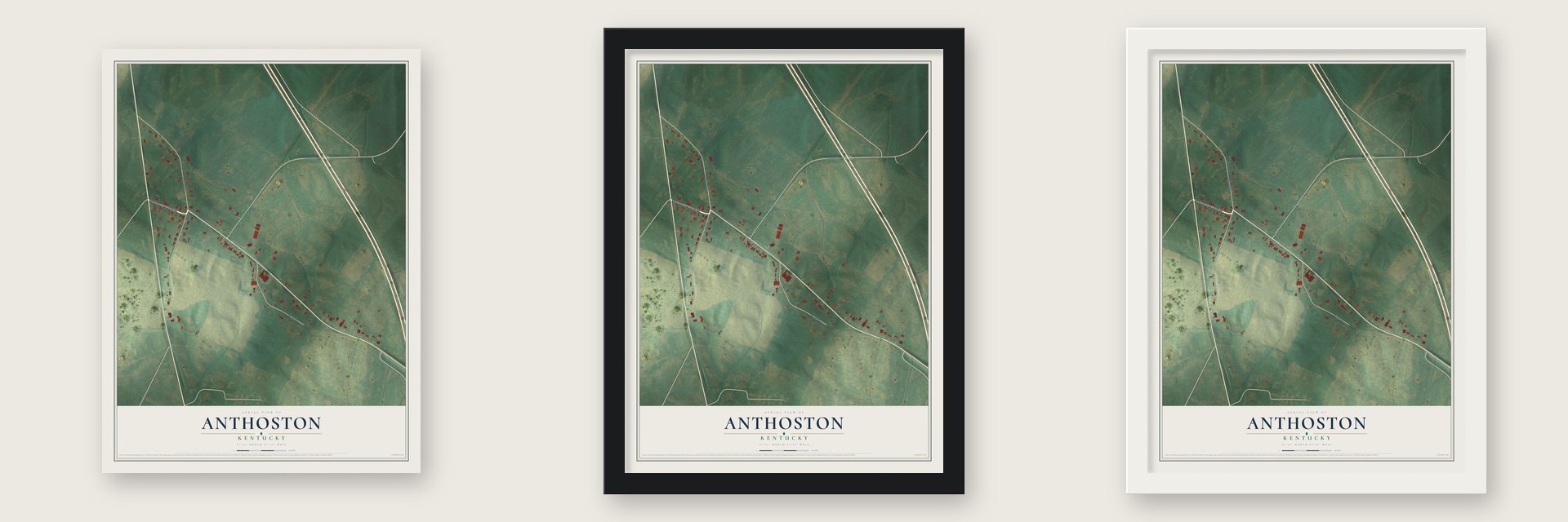 Anthoston, Kentucky map unframed, in a black wood frame and in a white wood frame
