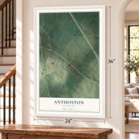 Anthoston, Kentucky map, 24 x 36 inch print in a white frame by a staircase
