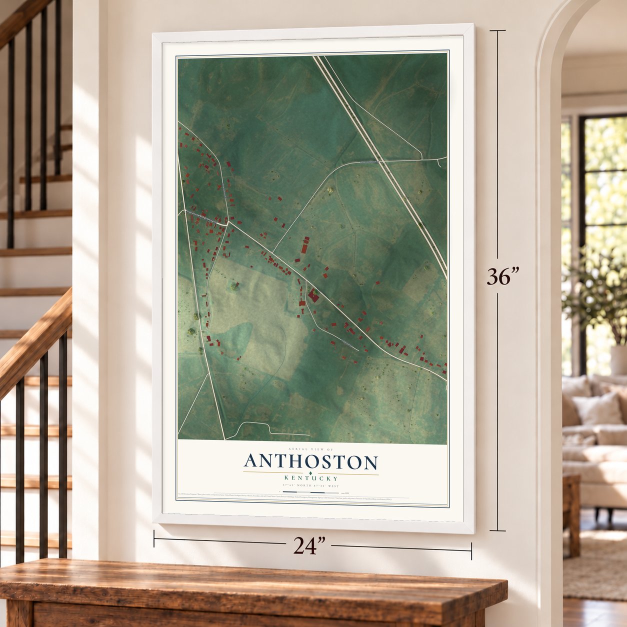 Anthoston, Kentucky map, 24 x 36 inch print in a white frame by a staircase