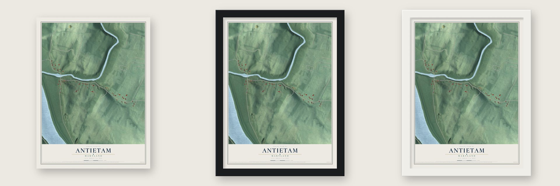 Antietam, Maryland map unframed, in a black wood frame and in a white wood frame