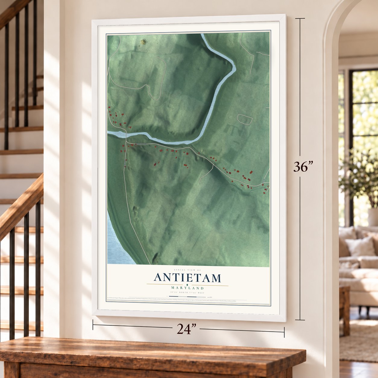 Antietam, Maryland map, 24 x 36 inch print in a white frame by a staircase