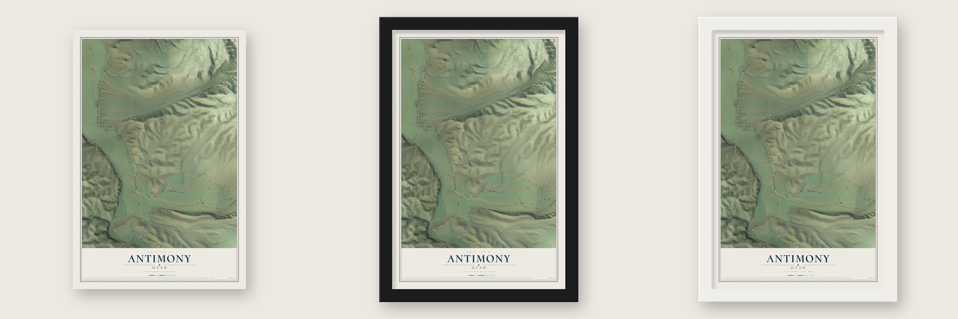 Antimony, Utah map unframed, in a black wood frame and in a white wood frame