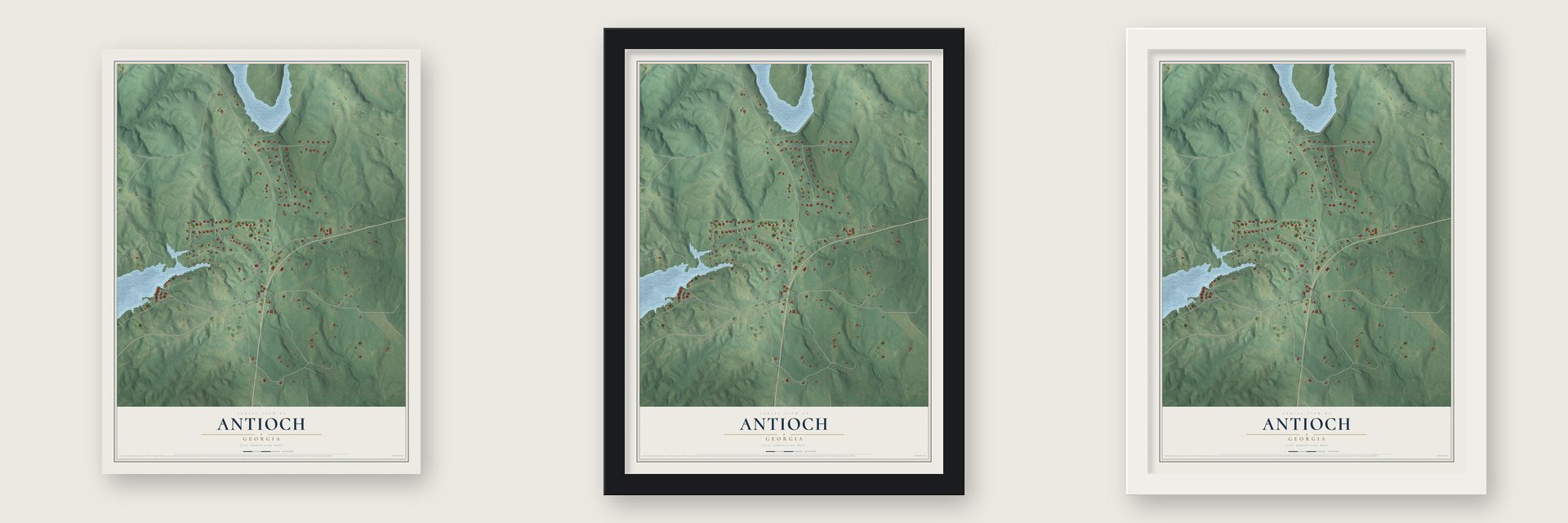 Antioch, Georgia map unframed, in a black wood frame and in a white wood frame