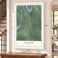 Antioch, Georgia map, 24 x 36 inch print in a white frame by a staircase