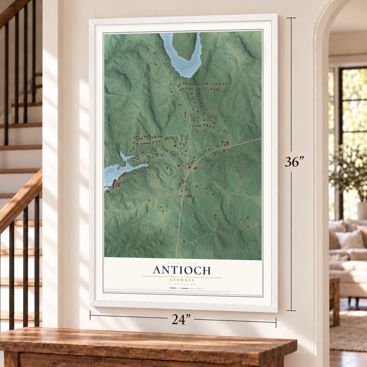 Antioch, Georgia map, 24 x 36 inch print in a white frame by a staircase