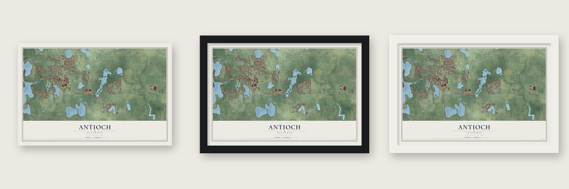 Antioch, Illinois map unframed, in a black wood frame and in a white wood frame