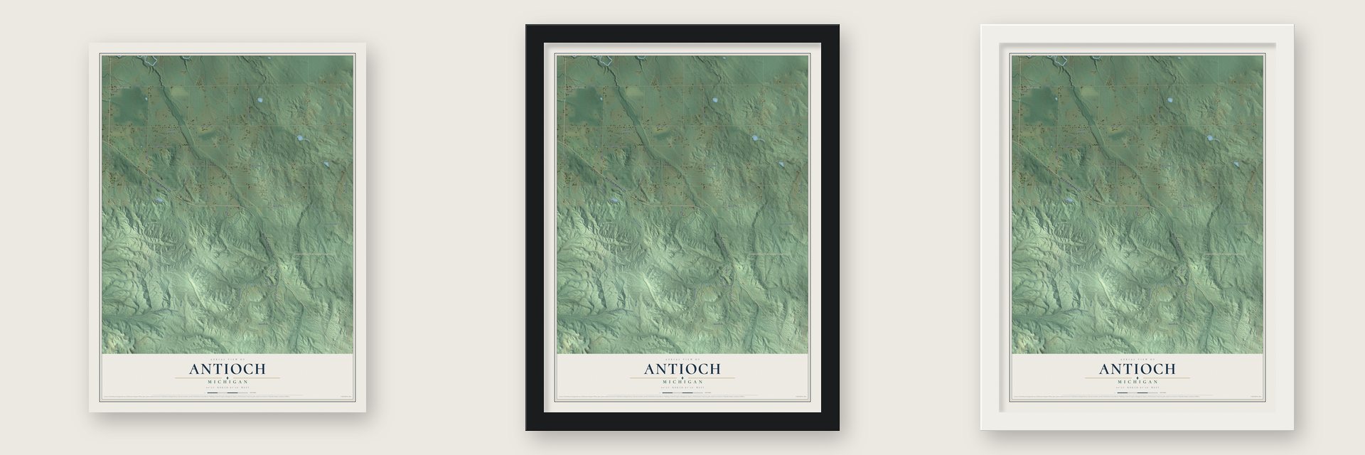 Antioch, Michigan map unframed, in a black wood frame and in a white wood frame