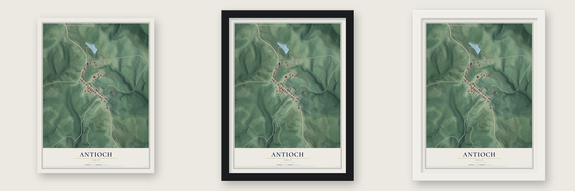 Antioch, Ohio map unframed, in a black wood frame and in a white wood frame