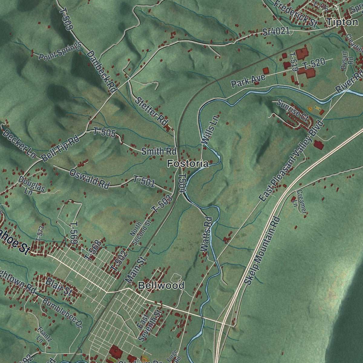 Second close-up of the map of Antis, Pennsylvania print showing more streets and buildings