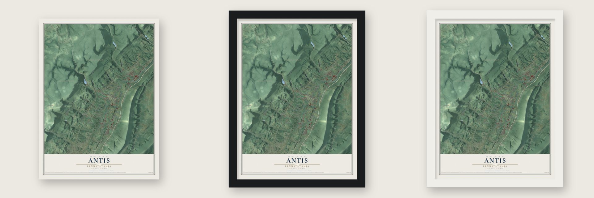 Antis, Pennsylvania map unframed, in a black wood frame and in a white wood frame