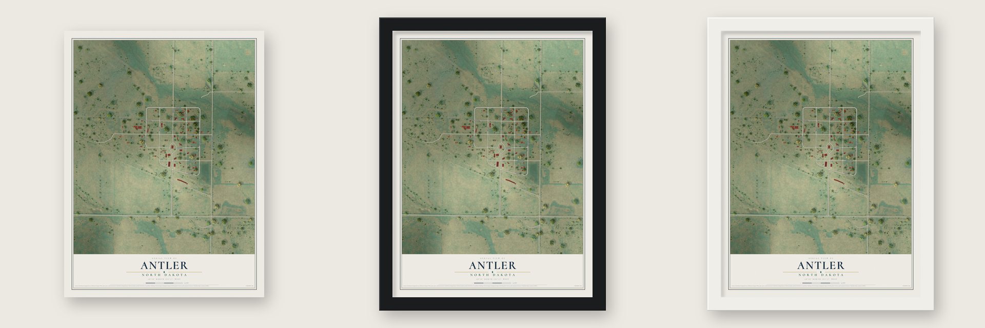 Antler, North Dakota map unframed, in a black wood frame and in a white wood frame
