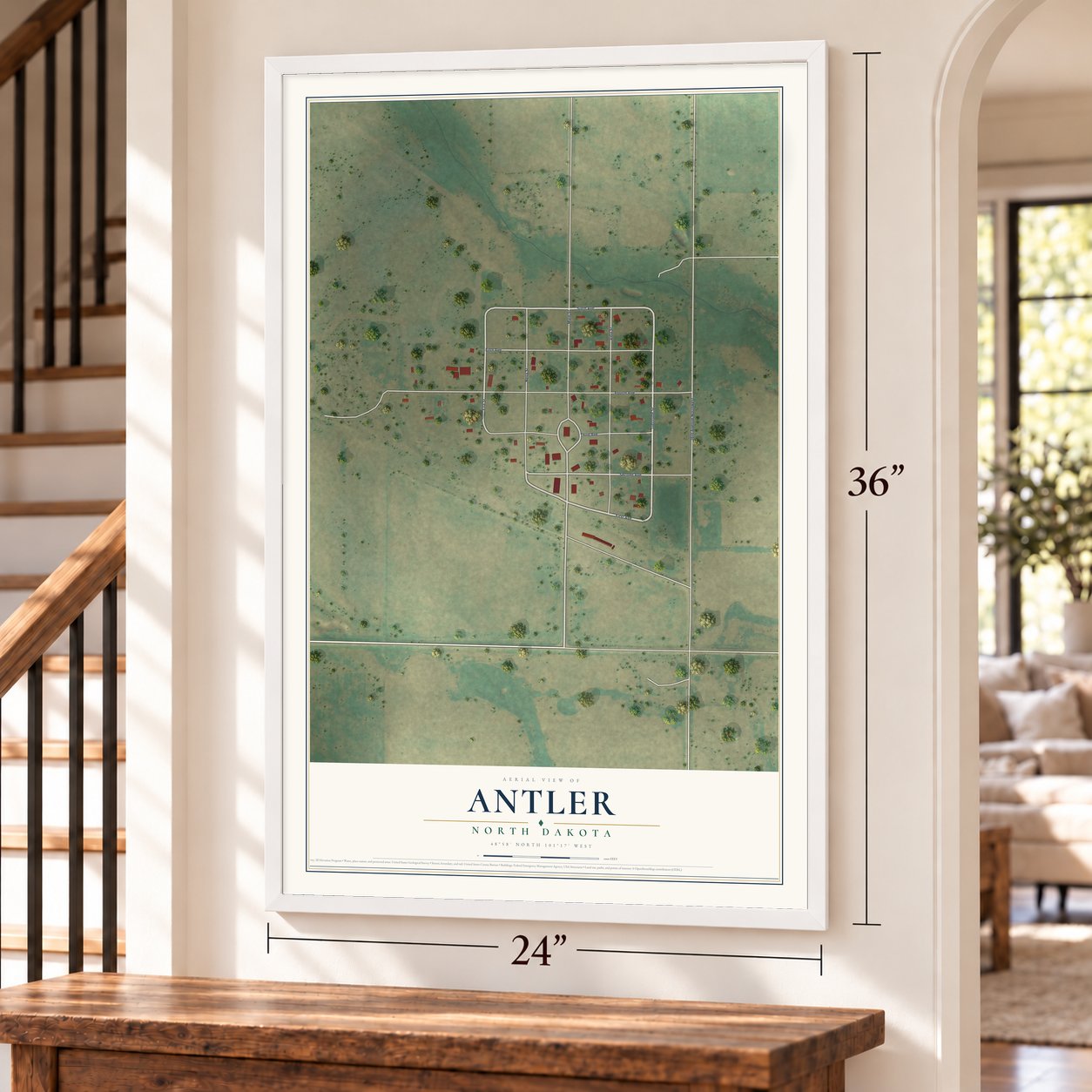 Antler, North Dakota map, 24 x 36 inch print in a white frame by a staircase